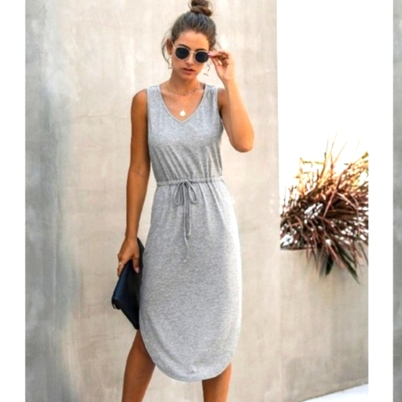 NEW Cottage Core Preppy Heather Gray Tank Midi Dress Casual Comfy Summer Vacay - Picture 1 of 16